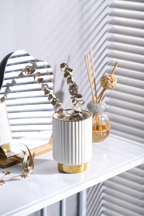 IEEK Glass Makeup Brush Holder Organizer - White and Gold Ceramic Cup for Brushes, Modern Striped Vase