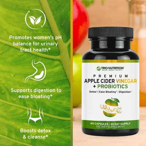 Immunity, TRIO NUTRITION Apple Cider Vinegar Capsules with Multi-Strain Probiotics - Natural Sugar Free ACV Capsules