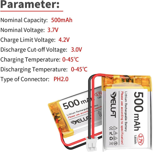YELUFT 1pcs 3.7V 500mAh 1S 1C 602535 PH2.0 Lithium Polymer Battery Rechargeable Batteries with Protective Board