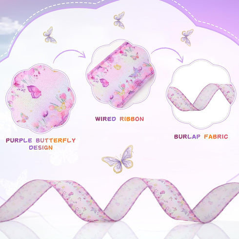 2 Rolls 20 Yards Butterfly Baby Shower Ribbon, 1.5 Inch Wired Edge Watercolor Purple Floral for Gift Wrapping