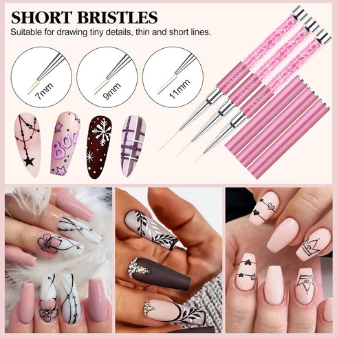 SAVILAND 6pcs Nail Art Liner Brushes Set, Gel Polish Painting Brushes with Crushed Diamond Handle for Nail Art Design