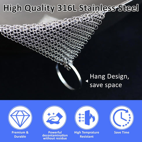 Penhderm 316L (18CM*18CM) Stainless Steel Cast Iron Cleaner, Chainmail Scrubber,Kitchen Tool,Chain Mail Scrubber Cast