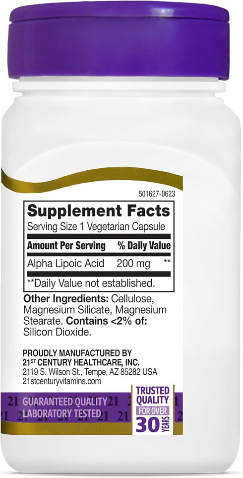 21st Century Healthcare Alpha Lipoic Acid 200 mg, 60 Count Vegetarian Capsules for Antioxidant Support