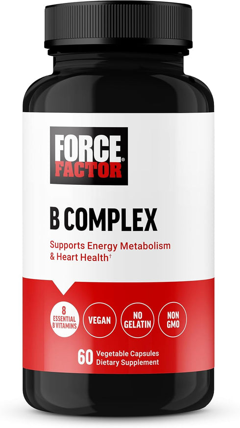 FORCE FACTOR Vitamin B Complex, 60 Vegetable Capsules for Energy, Vitality, Heart Health, Includes B1, B2, B3, B6, B12,