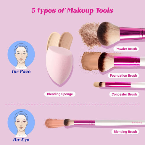 Ruby Kisses Travel Size Makeup Brushes Set, 5 PCS Complexion Brush Set with Blending Sponge