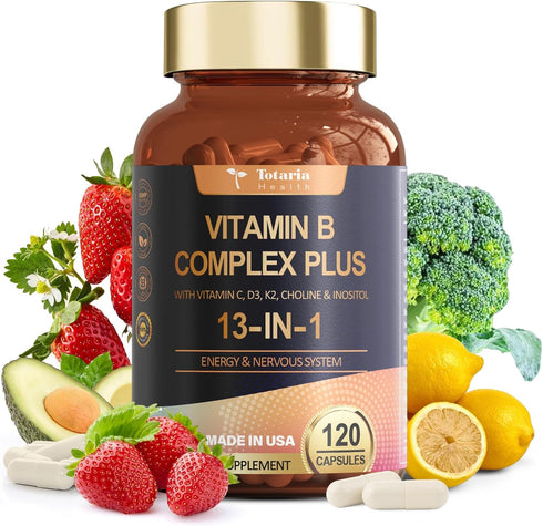 13-in-1 Vitamin B Complex Plus with B1, B2, B3, B4, B5, B6, B7, B8, B9, B12, C, D3, K2 - Energy, Nerve, Immune, Skin