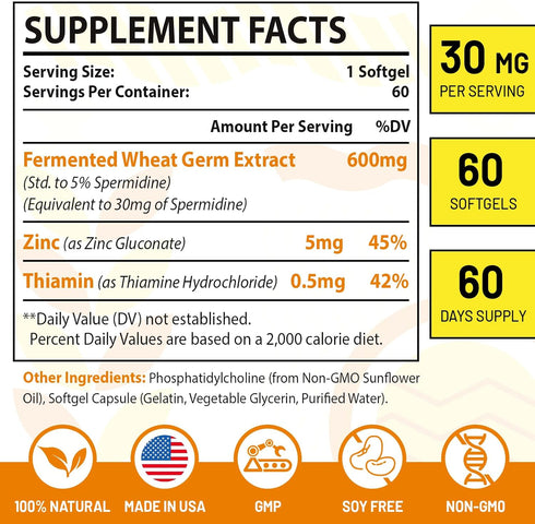 30mg Spermidine Supplement, Liposomal, High Absorption, More Potent than Spermidine 3HCL, 120 Softgels