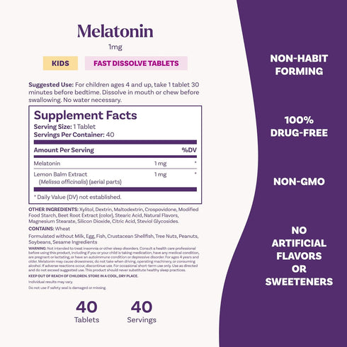 Natrol Kids Fast Dissolve Melatonin 1 mg Dietary Supplement for Restful Sleep, 40 Strawberry-Flavored Tablets, 40 Day