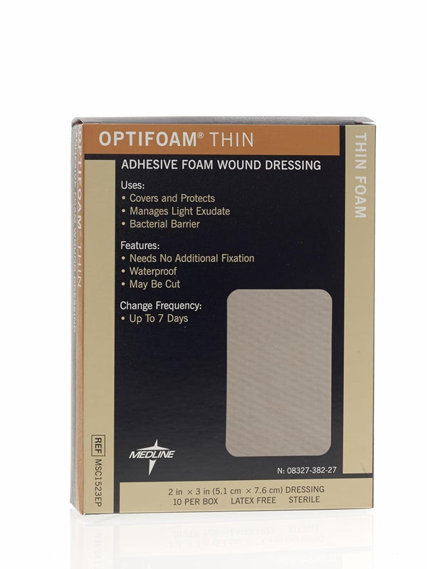 Medline Optifoam Thin Adhesive Dressings, 2" x 3", Pack of 10