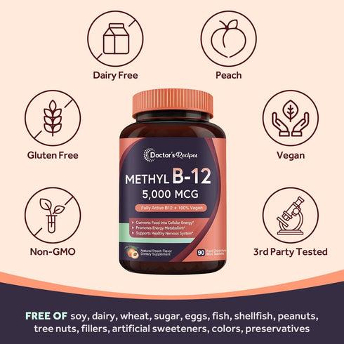 Doctor's Recipes Vitamin B12, Methylcobalamin 5000 mcg, 90 Fast Dissolve Tablets, Natural Peach Flavor