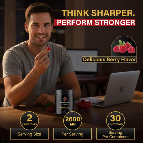 Gummies 60Pck Brain Boost Energy and Focus - Gluten-Free, Non GMO and Vegan Brain Health Supplements for Adults