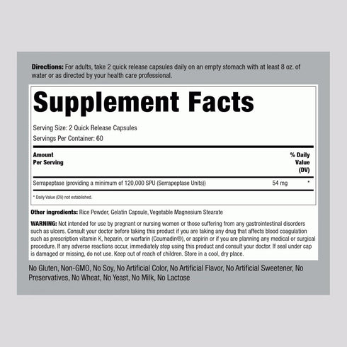 Piping Rock Serrapeptase 120000 SPU | 120 Capsules | Digestive Enzyme | Extra Strength Supplement | Non-GMO, Gluten Free