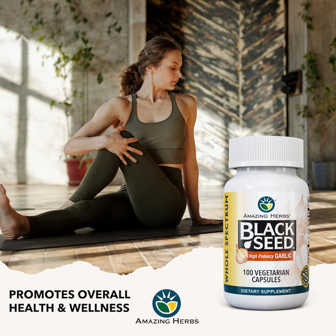 Amazing Herbs Whole Spectrum Black Seed & Garlic, 100 Count Vegetarian Capsules, Supports Health