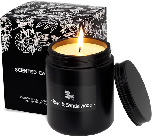 TranquilBliss Rose & Sandalwood Black Scented Candles for Men - 7.6oz Soy Wax