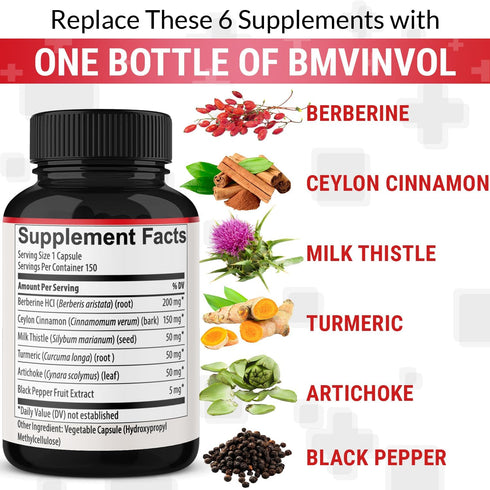 150 Capsules Berberine Supplement with Ceylon Cinnamon, Turmeric, Milk Thistle, Artichoke, and Black Pepper - 5 Month Supply