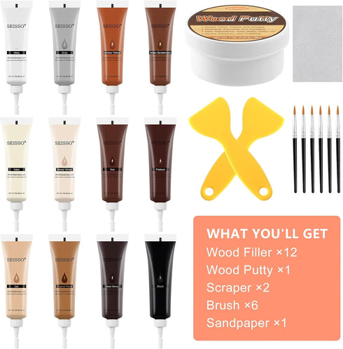 SEISSO Wood Filler Wood Putty and Wood Furniture Repair Kit - 12 Colors Floor Furniture Touch Up Kit, Cover Surface Scratch for Wooden Floor Table, with Water-Based 200 g Putty, 6 Brushes 2 Scraper