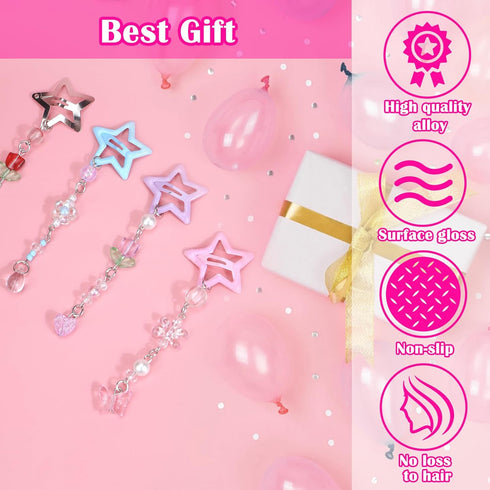 Star Hair Clips - 4 PCS 2000s Y2K Silver Star Barrettes, Non Slip Metal Snap Hair Accessories
