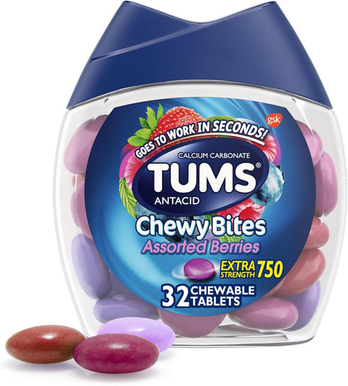 TUMS Chewy Bites Antacid Tablets - Assorted Berries for Heartburn & Acid Indigestion Relief, 32 Count