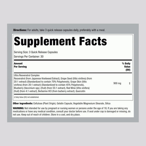 Piping Rock Resveratrol Berberine Grape Seed & Quercetin | 90 Capsules | Non-GMO, Gluten Free Supplement
