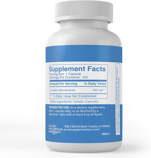 PURE ORIGINAL INGREDIENTS Creatine (100 Capsules) - Always Pure, No Additives or Fillers