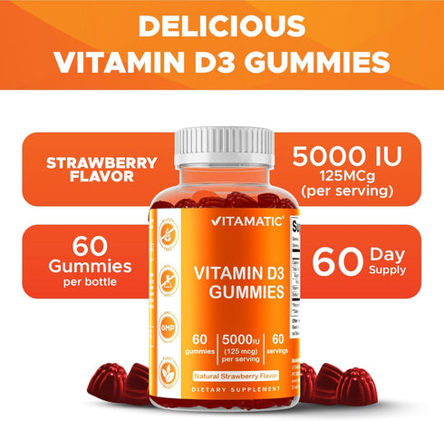 Vitamatic Vitamin D3 Gummies – 5000 IU Per Gummy – 60 Gummies Total