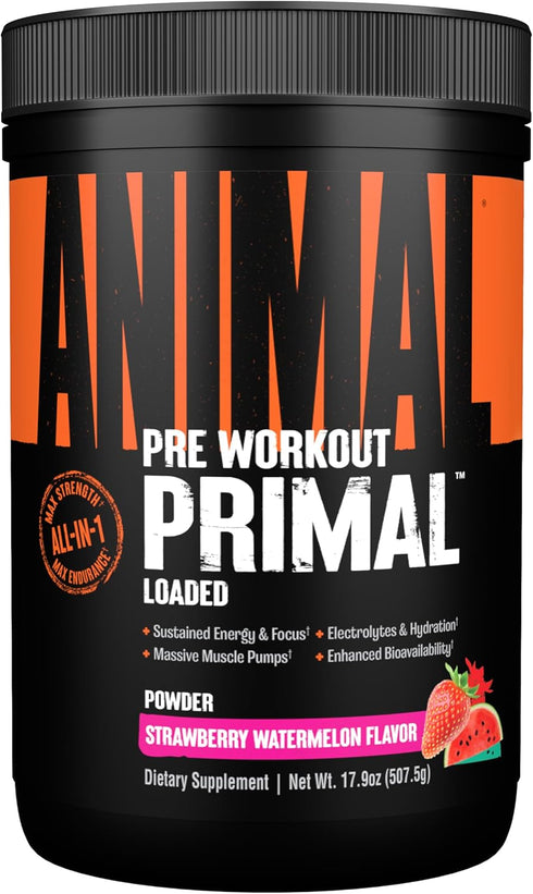Animal Primal Muscle Hydration + Preworkout Powder – Strawberry Watermelon Flavor, 17.9 oz, Contains Beta Alanine