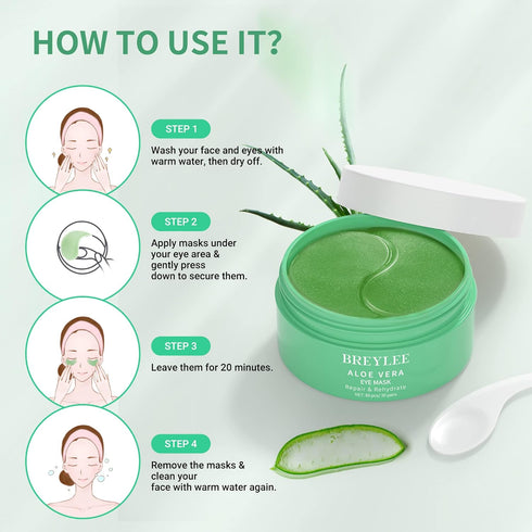 BREYLEE Aloe Vera Eye Mask 60 Pcs for Puffy Eyes and Dark Circles, Reduce Wrinkles and Fine Lines, Natural Material