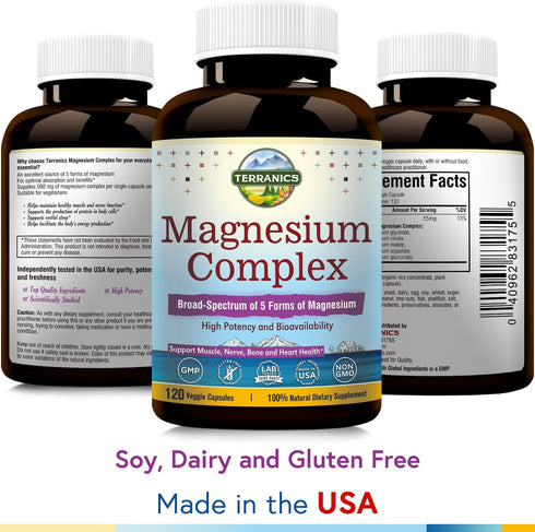 Terranics 5-in-1 Magnesium Complex Supplement 500mg, High Absorption Magnesium for Sleep, Muscle, Heart Health, 240