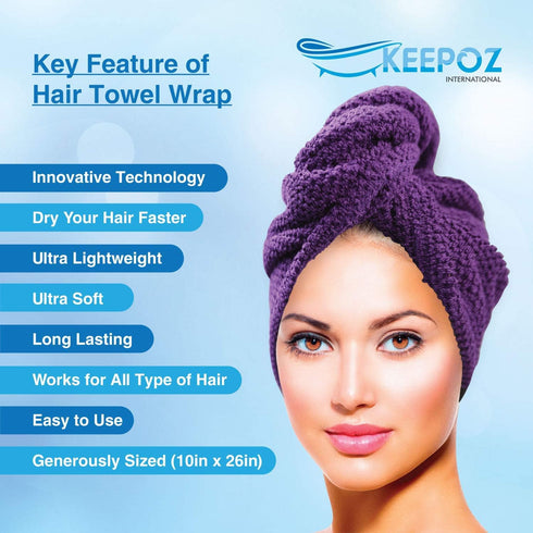 KEEPOZ Hair Towel Wrap - Quick Dry 100% Cotton Super Absorbent Turban Head Wrap for Women (Purple Check, 2 Pcs)