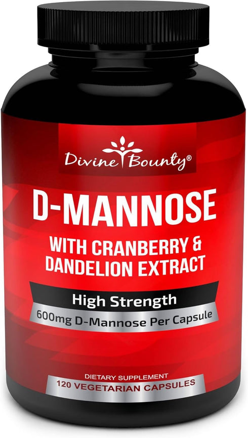 Divine Bounty D-Mannose Capsules - 600mg D Mannose Powder with Cranberry and Dandelion Extract, 120 Veggie Capsules