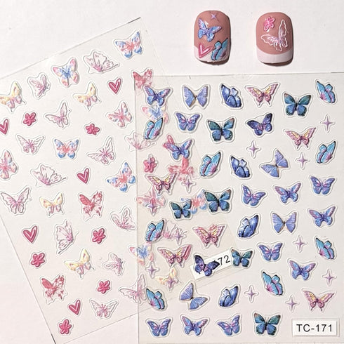 Butterfly Nail Art Stickers, 5D Self-Adhesive Spring Nail Stickers, Blue Pink 3D Embossed Nail Design