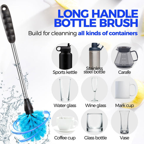 Holikme 6 Pack Bottle Brush Set, 14" Long Handle Stainless Steel Bottle Cleaner Brush, 3 Straw Brushes, 3-in-1 Bottle Cleaning Brush for Water Bottle, Baby Bottle, Straws Blue by Holikme