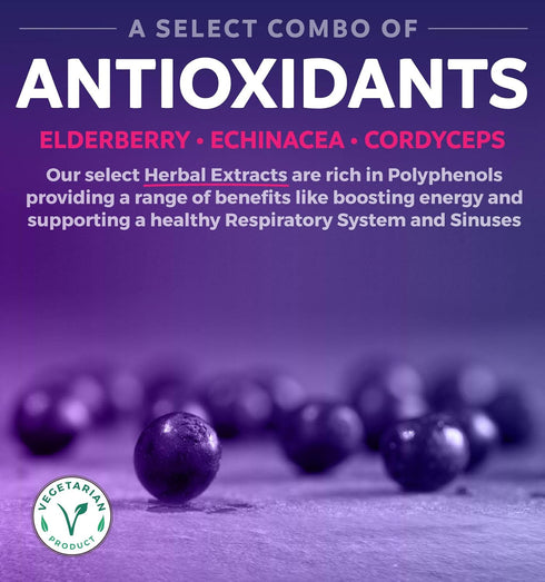 Immune Support Supplement with Elderberry, Vitamin C, Zinc, D, Magnesium, Echinacea, Cordyceps - 120 Vegetarian Capsules