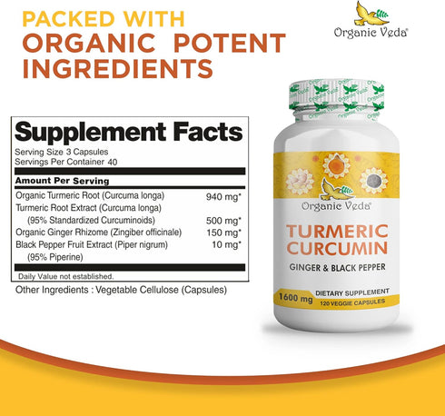 Organic Veda Turmeric and Ginger Capsules, 120 Pills for Joint Support, Non-GMO, Gluten Free Supplement