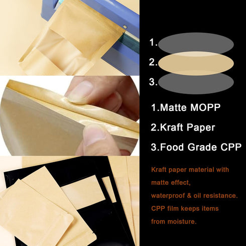 100 PCS Resealable Bags - Stand Up Kraft Paper Bags with Matte Window, Zipper Lock Food Storage Bags for Small Business