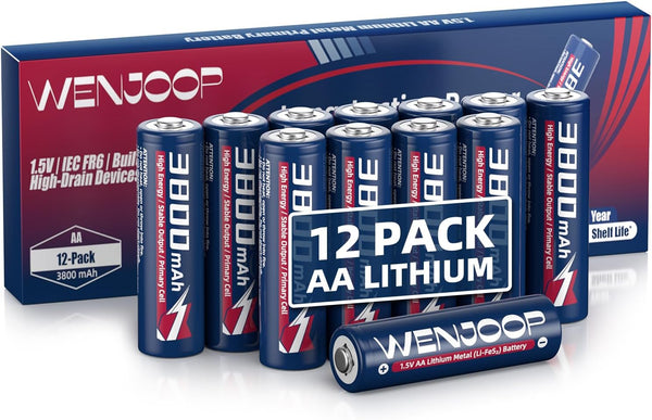 WENJOOP AA Lithium Batteries, 12 Pack, FR6 1.5V Primary Lithium, 3800mAh Non-Rechargeable Double