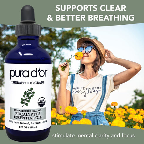 PURA D'OR Organic Eucalyptus Essential Oil - 4oz with Glass Dropper, 100% Pure & Natural for Hair, Body, Skin