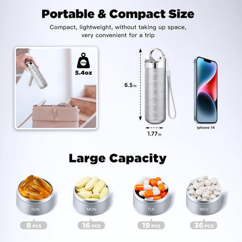 Zannaki Metal Travel Pill Organizer - Portable Waterproof Weekly Pill Box, Large Aluminum Alloy Container