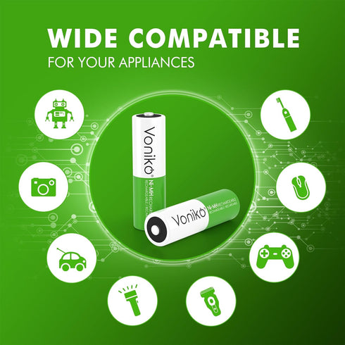 Voniko Rechargeable AA NiMH Double A Batteries 12 Pack – Ultra Long Lasting, 2100mAh, Pre-Charged (1.2V)
