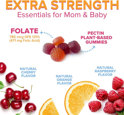 Gummies 785 Gummy, B9 60 Gummies Folic Acid for Women - Folate mcg Per Serving - Essential Prenatal Vitamins for Mom