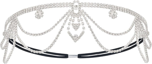 SWEETV Roaring 20s Crystal Rhinestone Head Chain Jewelry, Silver Headpiece Hair Accessories