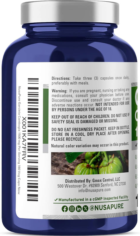 NusaPure Garcinia Cambogia 180 Veggie Caps 1500mg - Vegetarian, Non-GMO, Vegan
