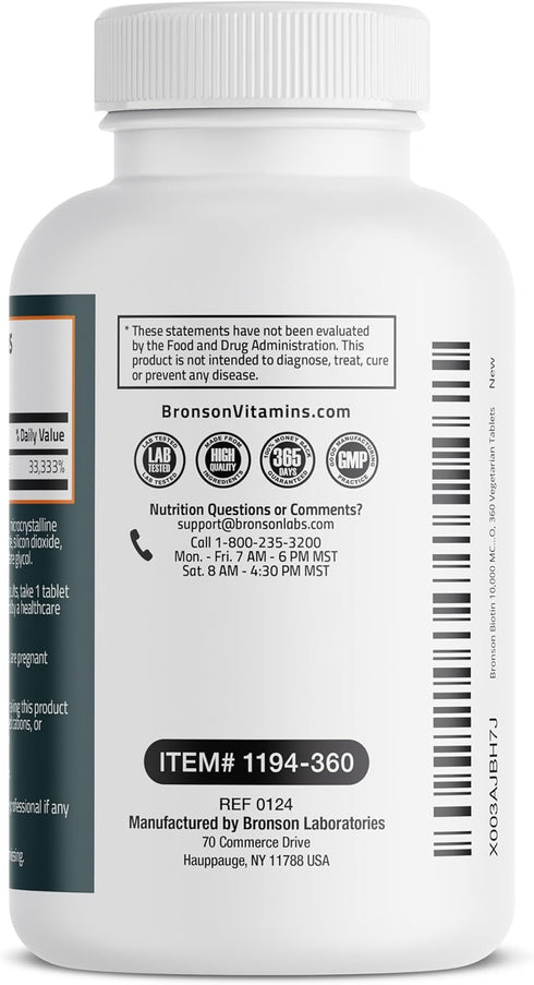 Bronson Biotin 10,000 MCG for Healthy Hair, Skin & Nails, High Potency Beauty Support - 360 Vegetarian Tablets