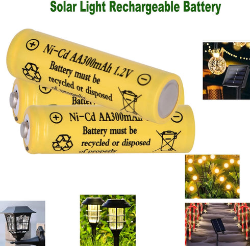 16 Packs AA 300mAh Ni-CD 1.2V Rechargeable Batteries for Outdoor Solar Lights, String Lights, Pathway Lights