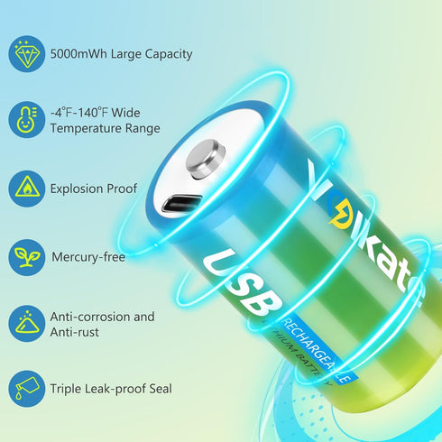 volkate 4 Pack, 14 1.5V 5000mWh, C Batteries USB Rechargeable Lithium C Cell Batteries with Charging Cable, Battery C