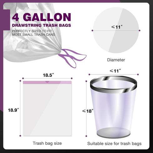 JOYEUX Small Trash Bags, 4 Gallon, 90 Count, Drawstring White Mini Liners for Bathroom, Bedroom, Office