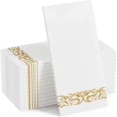 FOCUSLINE 100 Linen Feel Disposable Bathroom Napkins, Soft Absorbent Guest Towels for Parties, Weddings, Gold, 12" x 17"