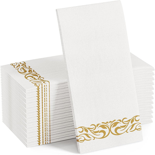 FOCUSLINE 100 Linen Feel Disposable Bathroom Napkins, Soft Absorbent Guest Towels for Parties, Weddings, Gold, 12" x 17"