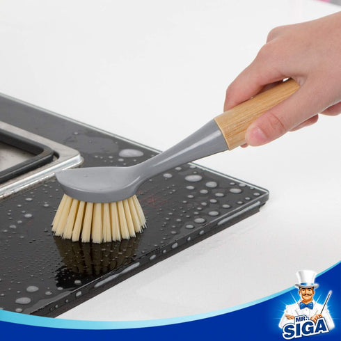 Pack 2 MR.SIGA Dish Brush with Bamboo Handle Built-in Scraper, Scrub Brush for Pans, Pots, Kitchen Sink Cleaning