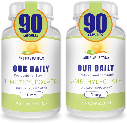 Our Daily Vites L-Methylfolate 1mg, Maximum Strength Active Folate, 90 Count Vegetarian Capsules (Pack of 2)